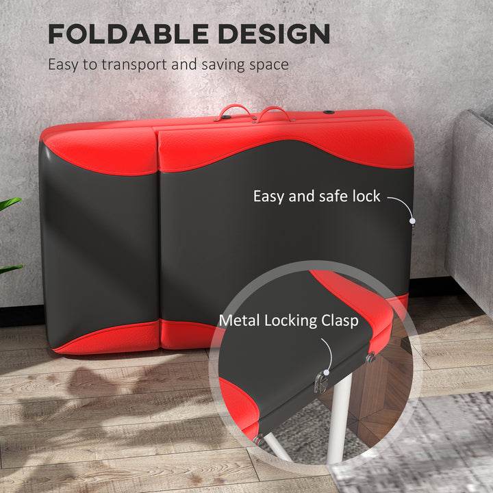 Foldable Massage Bed Portable Table, 3-Section Aluminium Foldable Beauty Couch, Professional Salon Spa Table with Headrest Support and Carry Bag, 60 cm Width, Black and Red