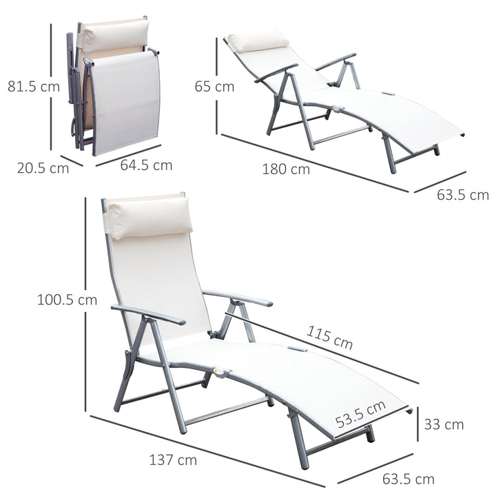 Sun Lounger Steel Frame Outdoor Folding Chaise Texteline Lounge Chair Recliner with Headrest & 7 Levels Adjustable Backrest, Cream White
