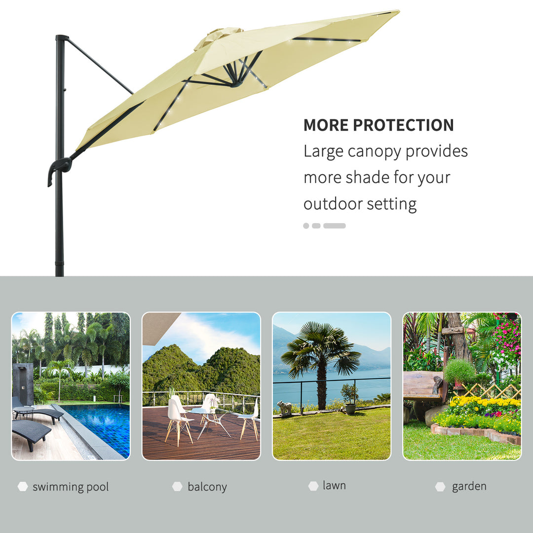 3(m) LED Cantilever Parasol Garden Sun Umbrella w/ Base and Solar Lights Beige