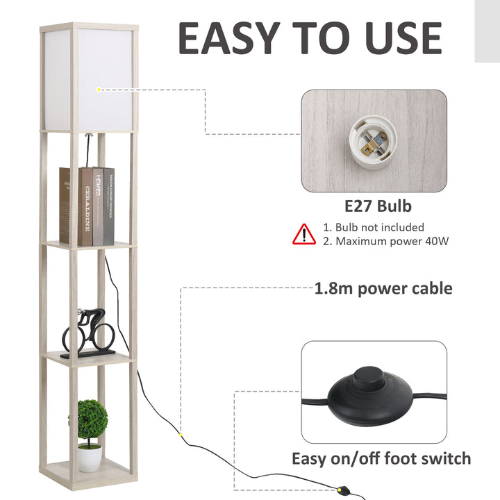 3-Tier Floor Lamp, Floor Light with Storage Shelf, Reading Standing Lamp with Acrylic Shade for Living Room, Bedroom, Kitchen, Dining Room, Office, Dorm, 160cm, Oak