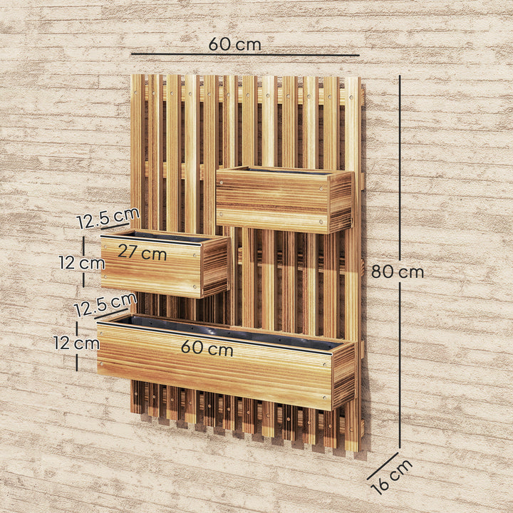 Wall-mounted Wooden Garden Planters with Trellis, Drainage Holes and 3 Planter Boxes for Patio, Carbonised