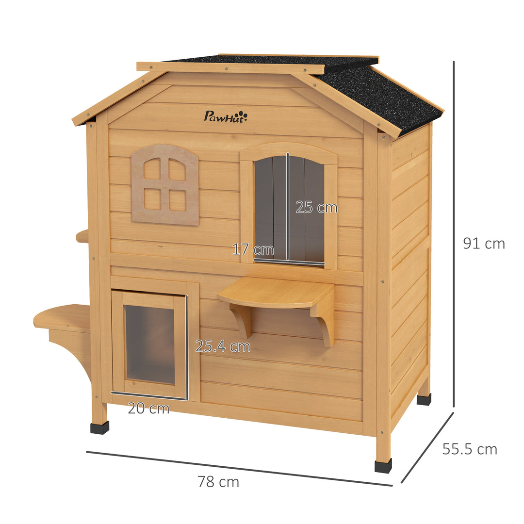 2-story Cat House Outdoor, Weatherproof Wooden Cat Enclosure for Feral Cats with Escape Door, Openable Roof, Jumping Platforms, Natural Wood Finish