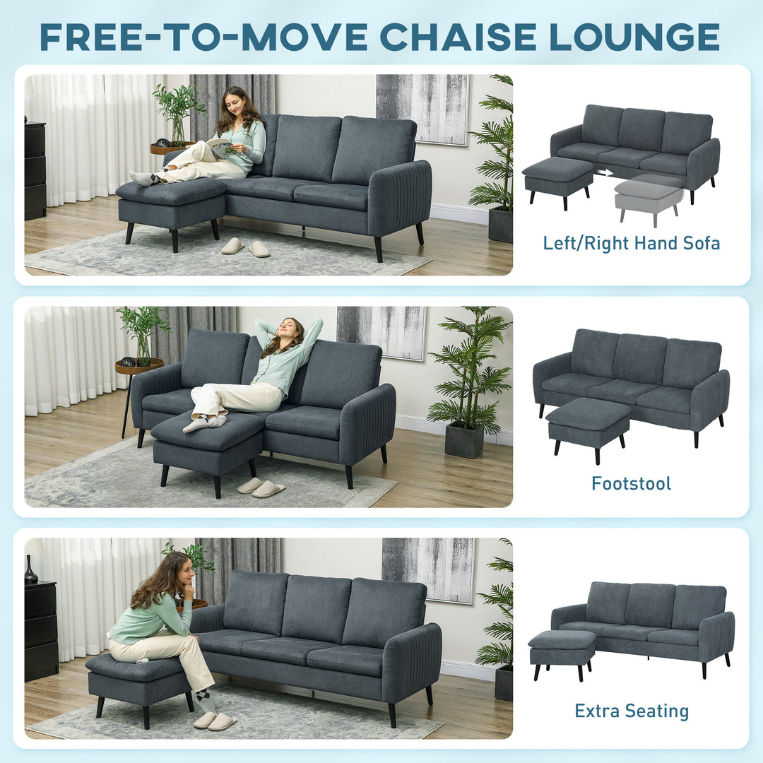 3 Seater Sofa with Ottoman, 196cm Corduroy L-shaped Sofa Couch with Scatter Back, Reversible Chaise Lounge for Living Room, Home Office, Small Spaces, Charcoal Grey
