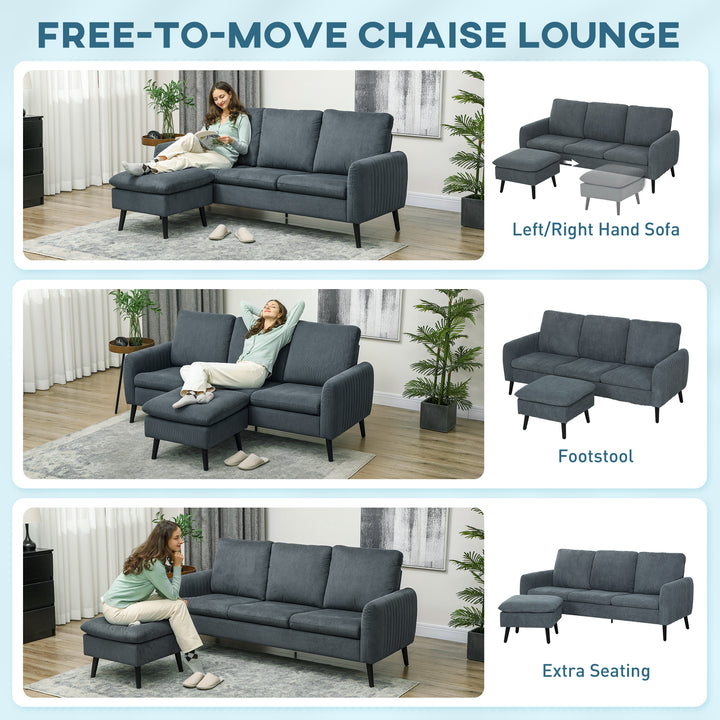 3 Seater Sofa with Ottoman, 196cm Corduroy L-shaped Sofa Couch with Scatter Back, Reversible Chaise Lounge for Living Room, Home Office, Small Spaces, Charcoal Grey
