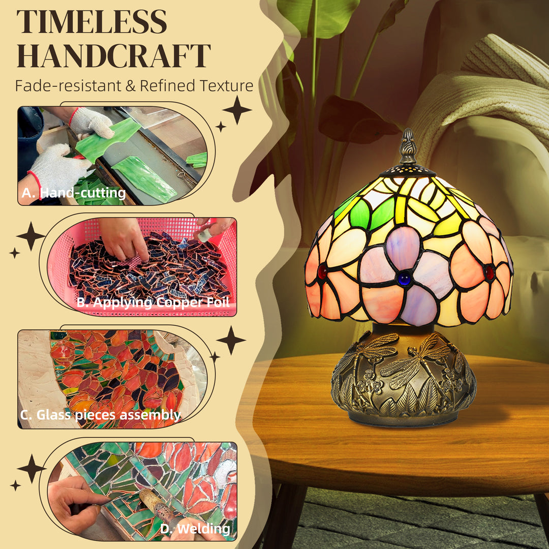 MCL Tiffany-Style Table Lamp with Sculpted Dragonfly Base, Handcrafted Antique Stained Glass Bedside Lamp for Living Room and Bedroom, E27 Socket, Pink