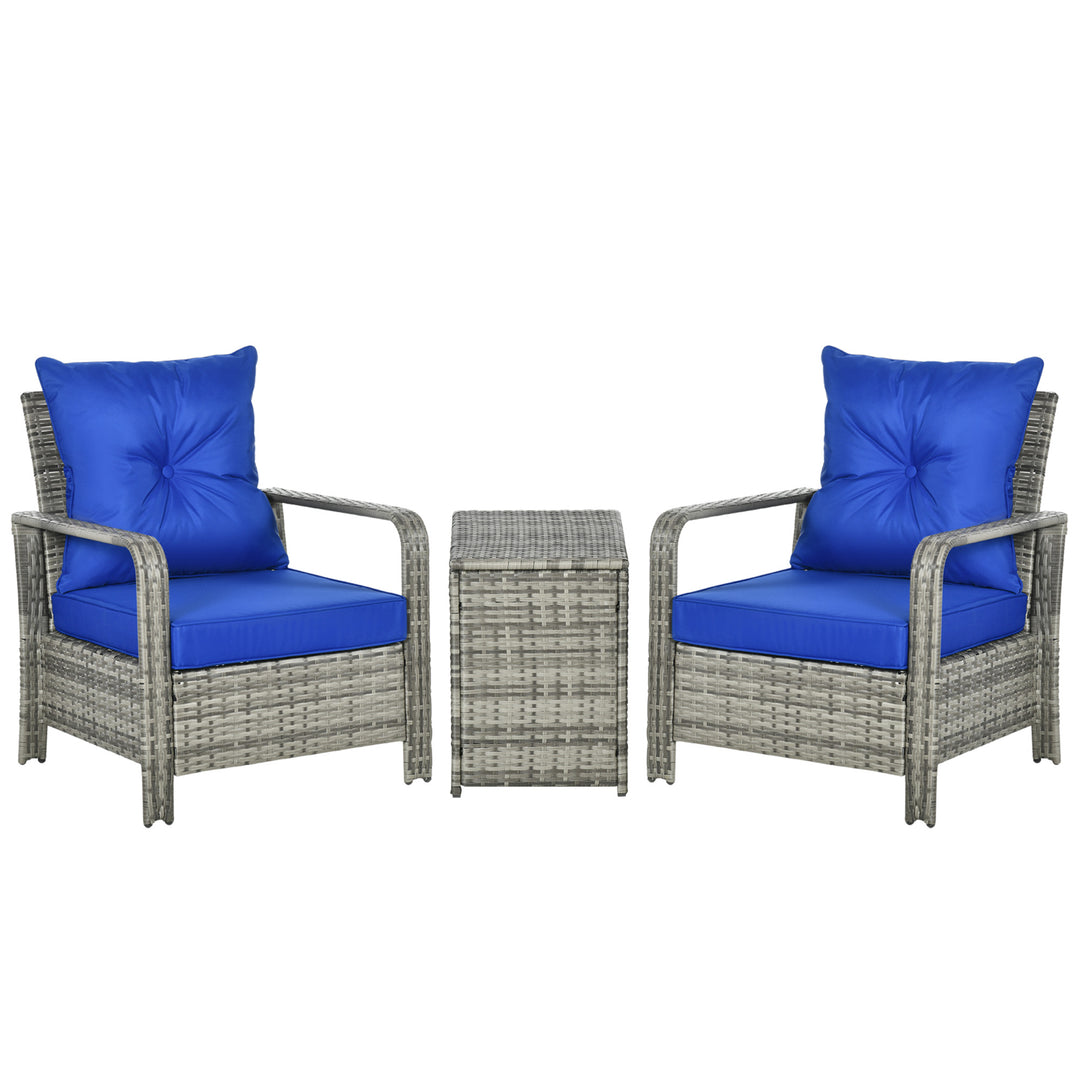 3 Pieces Rattan Bistro Set, Wicker Garden Furniture Set with Storage Coffee Table and Chairs, Thickened Cushions for Outdoor, Patio, Balcony, Blue