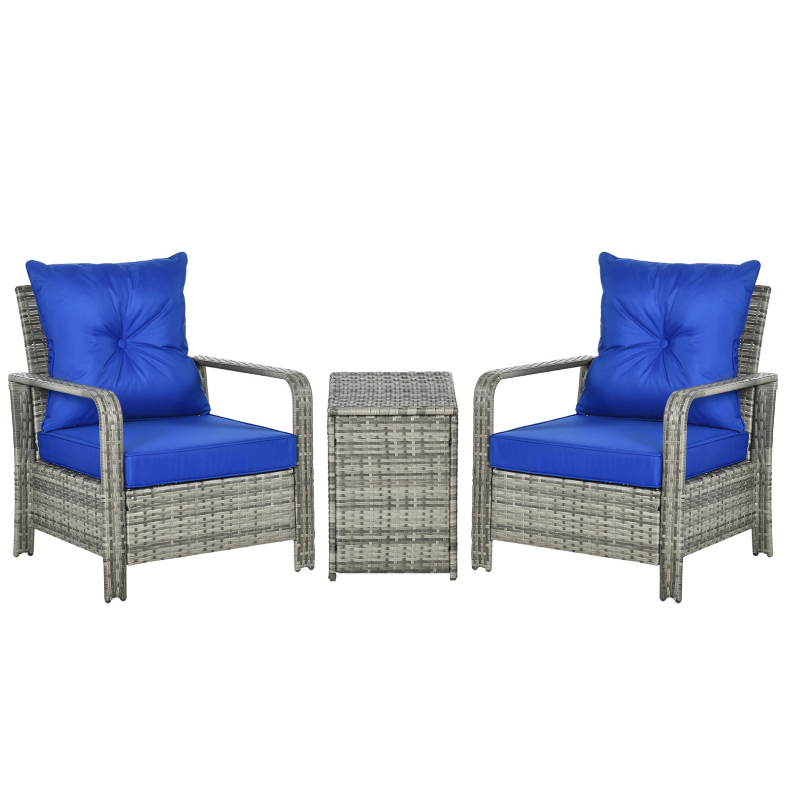 3 Pieces Rattan Bistro Set, Wicker Garden Furniture Set with Storage Coffee Table and Chairs, Thickened Cushions for Outdoor, Patio, Balcony, Blue