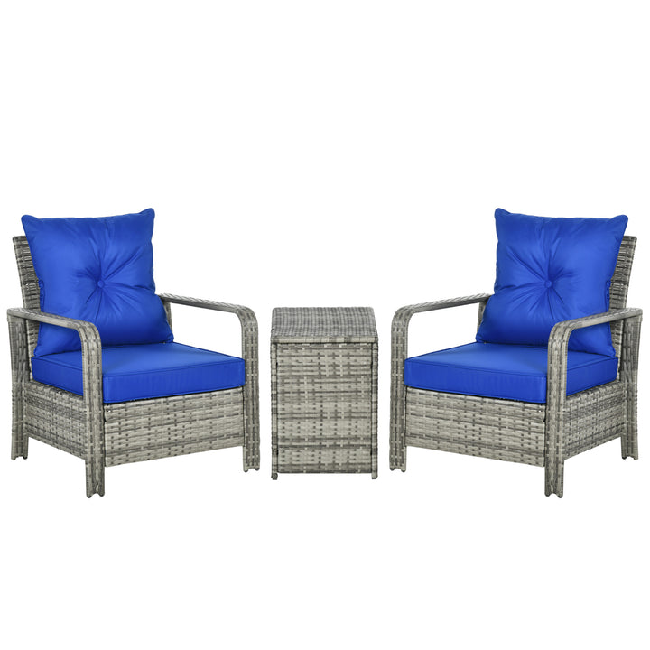 3 Pieces Rattan Bistro Set, Wicker Garden Furniture Set with Storage Coffee Table and Chairs, Thickened Cushions for Outdoor, Patio, Balcony, Blue