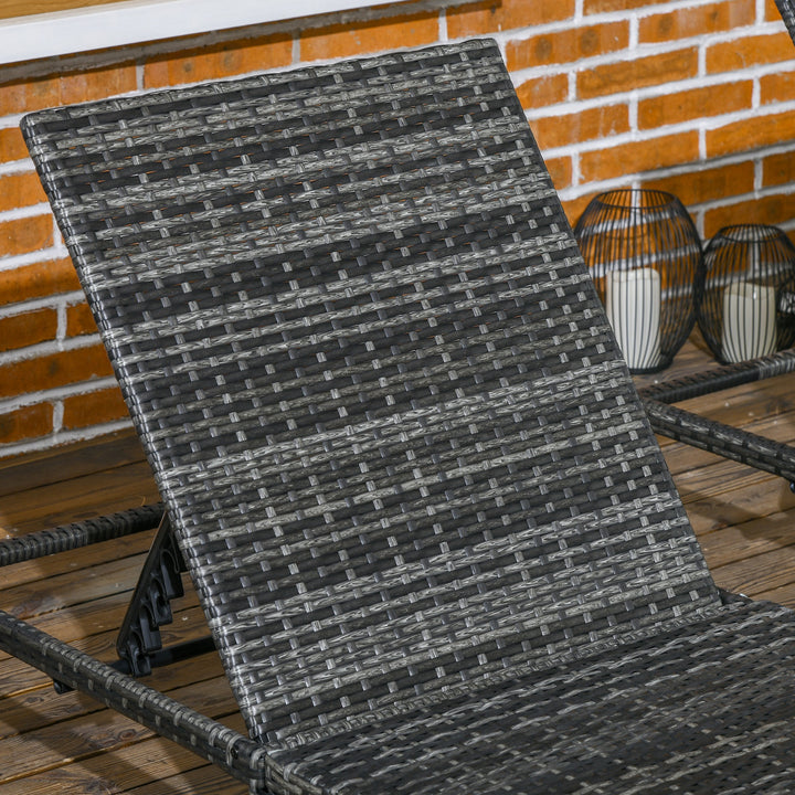 Set of Two Reclining Rattan Sun Loungers, with Cushions - Grey