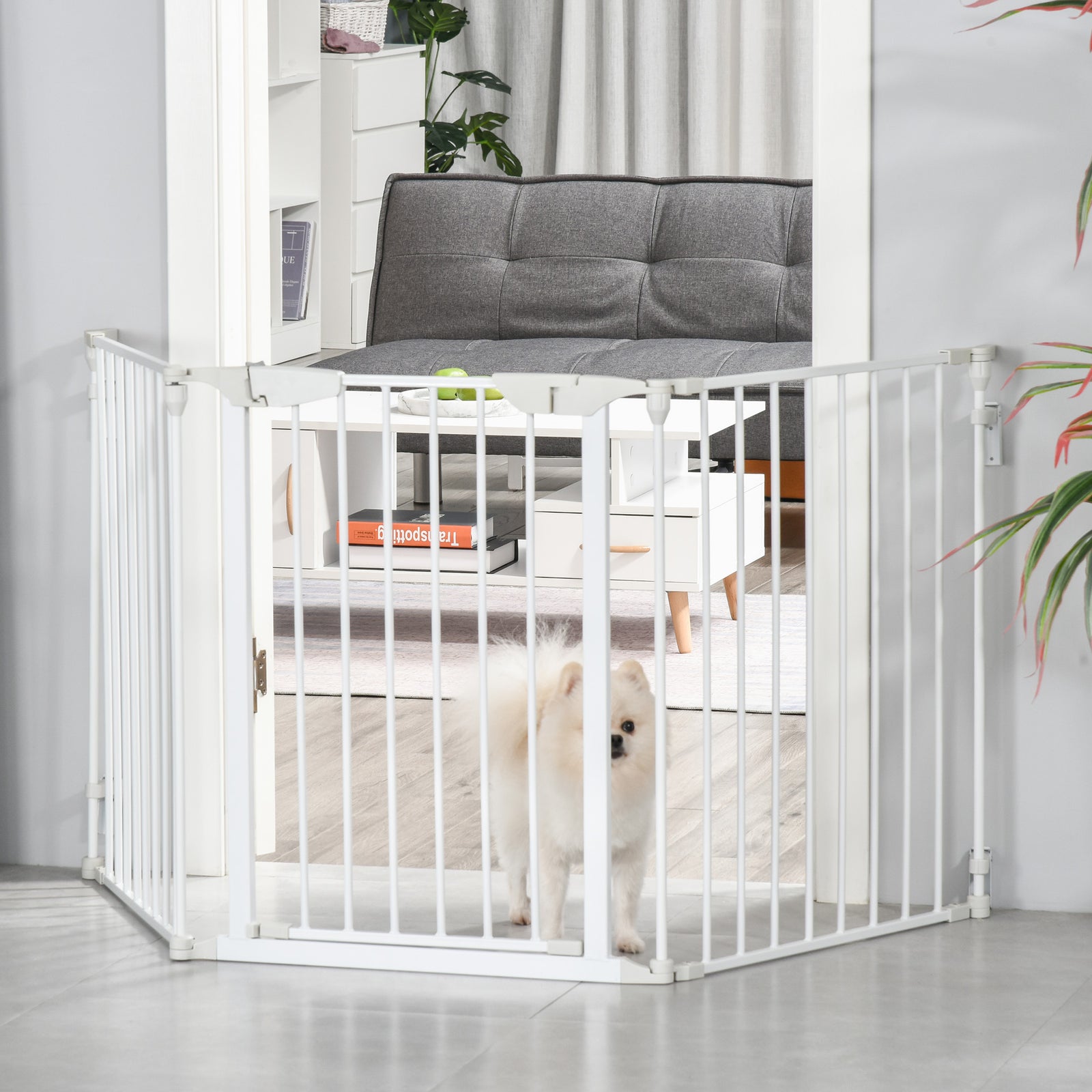 Pet Safety Gate, 3 Panels Playpen Fireplace, Metal Fence, Stair Barrier, Room Divider w/ Walk-Through Door - White