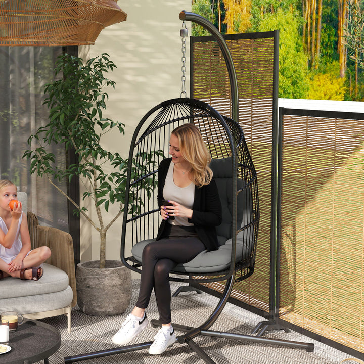 Hanging Egg Chair, Foldable Rattan Garden Swing Chair with Installation Kit, Thickened Cushion and Headrest, Indoor Outdoor Hanging Egg Basket Seat for Patio, Porch, Dark Grey