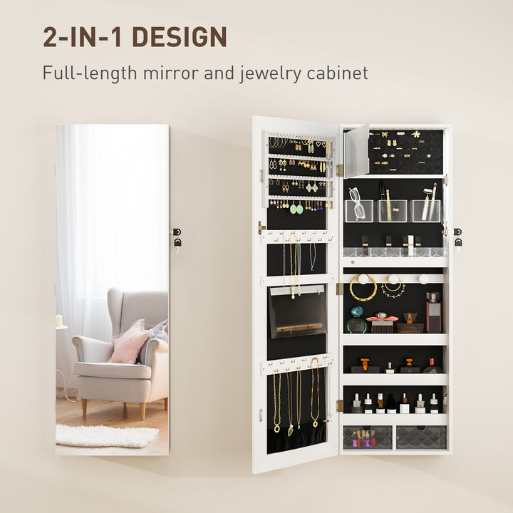 108 x 37cm Lockable Jewellery Cabinet, with LED Lights - White Surface and Black Lining