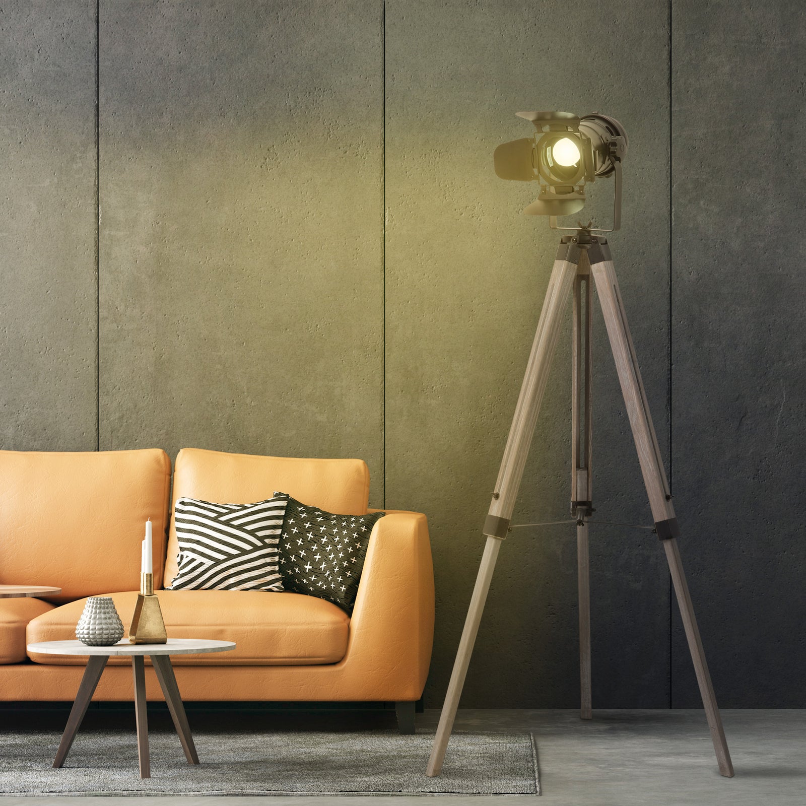 Industrial Style Adjustable Tripod Floor Lamp Vintage Spotlight Reading Lamp w/ Wood Metal Legs E27 Base For Living Room Bedroom, 100-140cm, Natural