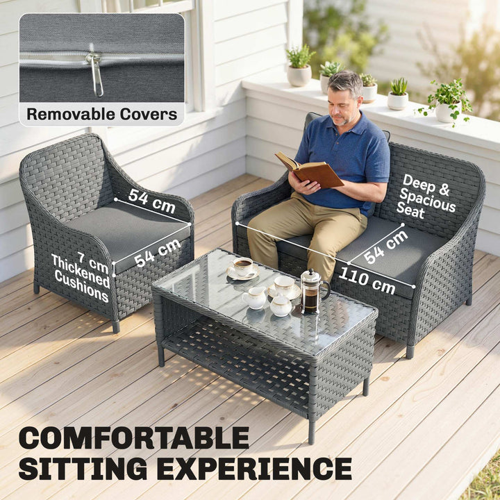 4-Piece Wicker Patio Furniture Set with 2 Armchairs, Loveseat, Glass C
