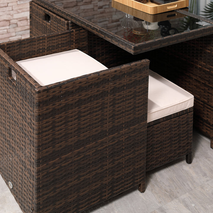 8 Seater Rattan Cube Garden Furniture Set, Rattan Dining Set with Cushions, Outdoor Dining Table and Chairs with 4 Armchairs, 4 Stools, Square Glass Top Table for Patio, Balcony, Brown