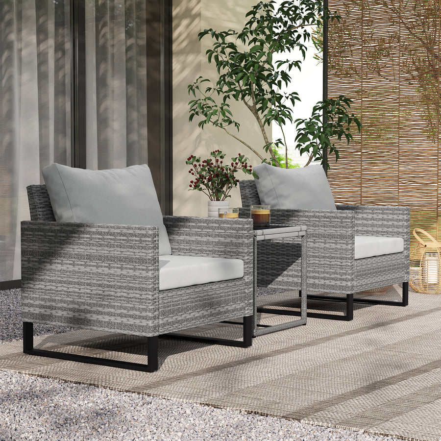 3 Pieces Rattan Bistro Set with 4 Cushions, Wicker Garden Furniture Set, Glass Top Coffee Table and Chairs for Outdoor Patio, Balcony, Terrace and Conservatory, Grey