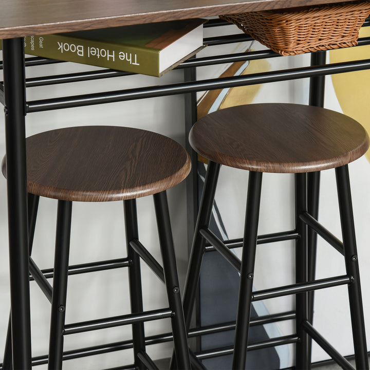 Bar Table Set, Bar Table and Stools Set, Footrest and Storage Shelf, for Kitchen, Dining Room, Pub, Cafe, Black and Oak