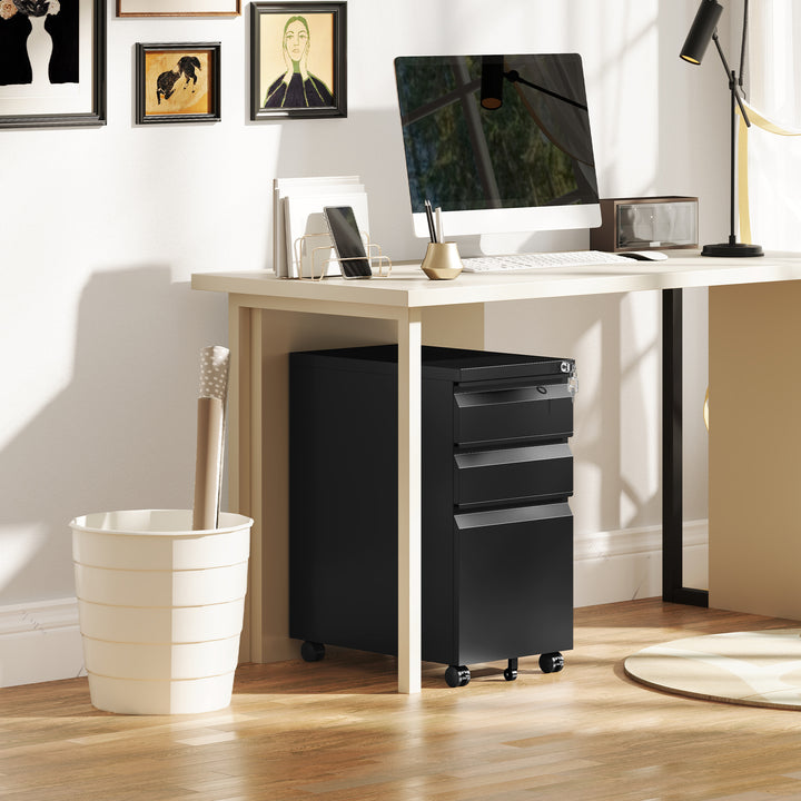 3-Drawer Steel Filing Cabinet with Lock and Wheels - Black