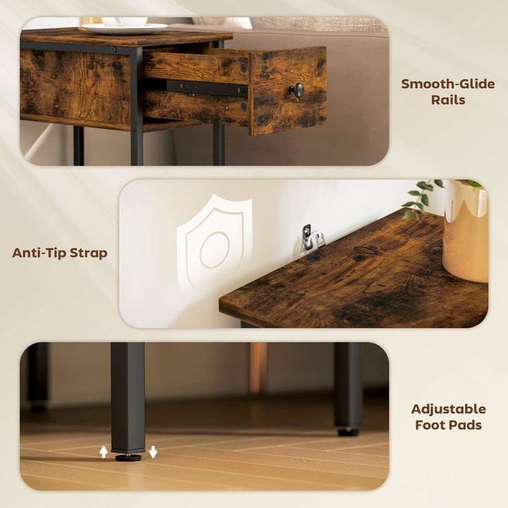 Narrow Side Table with Drawer and Storage Shelf - Rustic Brown