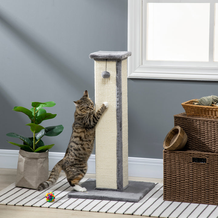 PawHut 81cm Cat Scratcher, Vertical Full Scratcher with Natural Sisal Rope, Hanging Ball and Soft Plush, Grey | Aosom UK