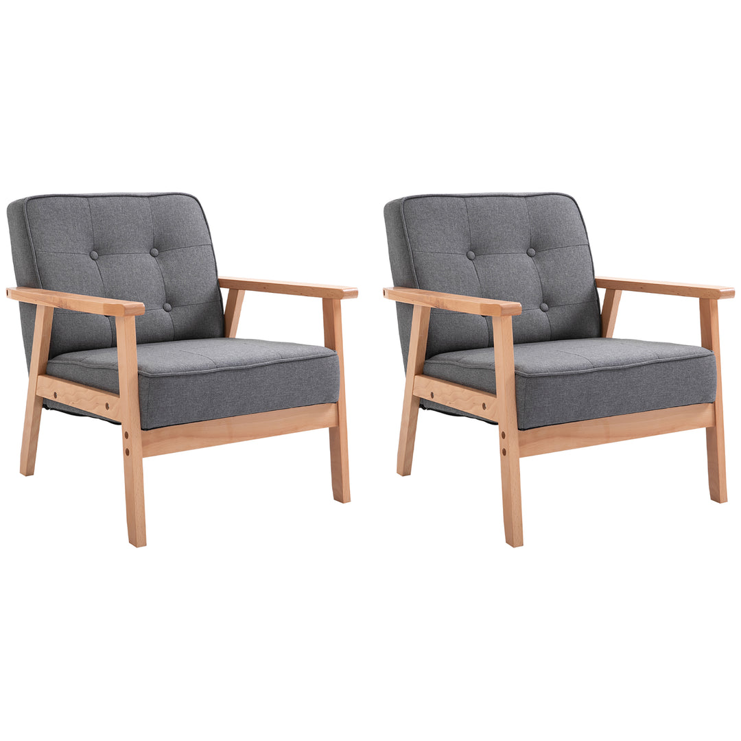 Armchair, Linen Fabric Accent Chair, Occasional Chair with Beech Wood Frame for Living Room, Reception, Bedroom, Balcony, Set of 2, Grey and Natural