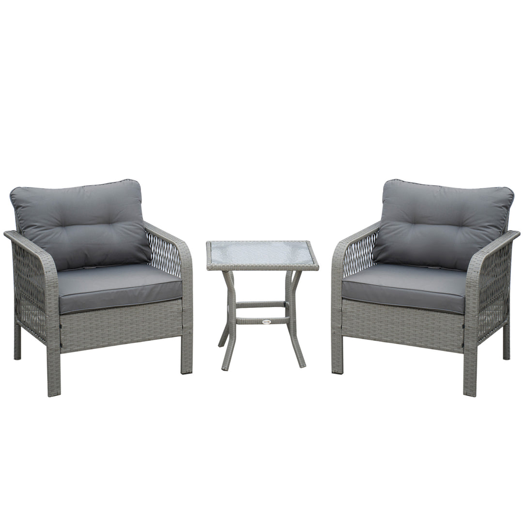 3 Pieces Rattan Bistro Set with Glass Top Coffee Table, Chairs and Cushions for Outdoor, Patio, Balcony, Grey