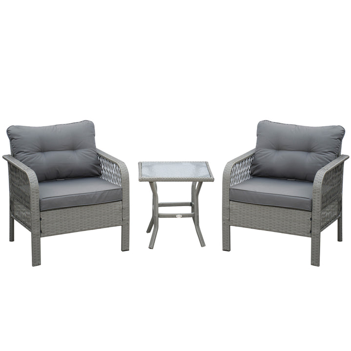 3 Pieces Rattan Bistro Set with Glass Top Coffee Table, Chairs and Cushions for Outdoor, Patio, Balcony, Grey