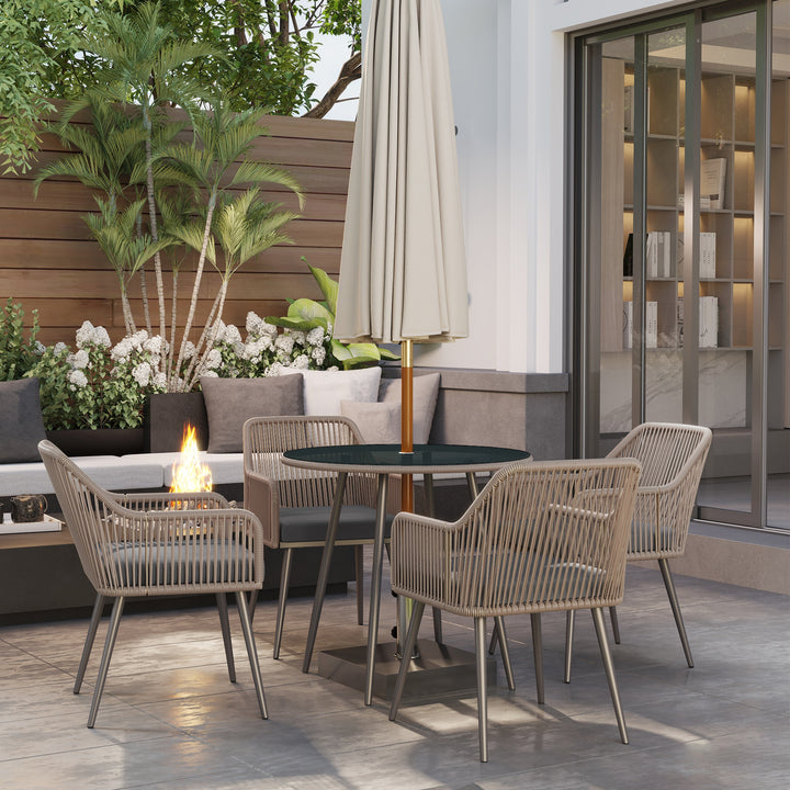 4 Seater Rattan Dining Set, Rattan Garden Furniture Set with Parasol Hole, Outdoor Dining Table and Chairs Set with Cushions, Round Glass Top Table for Patio, Balcony, Light Brown