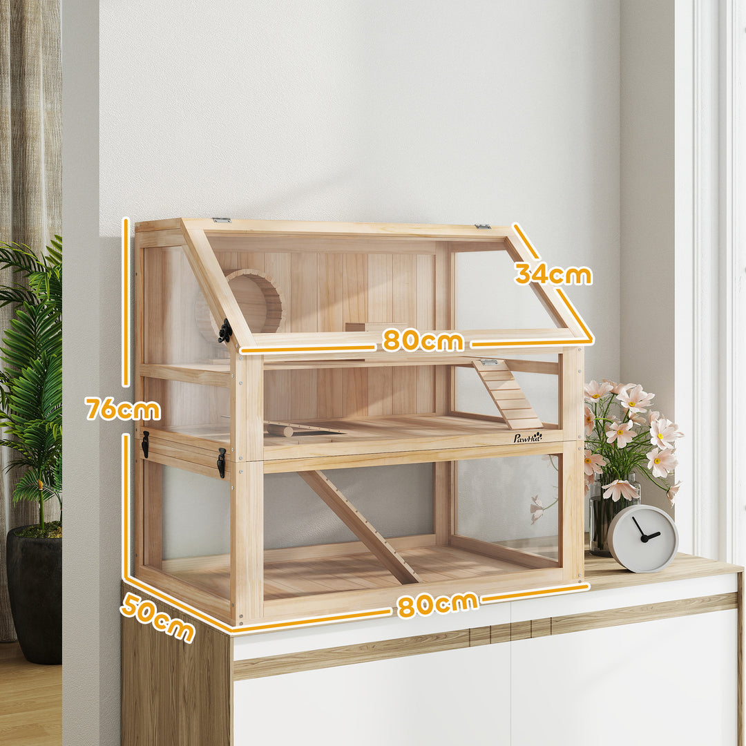MCL Wooden Hamster Cage with Detachable 31cm Deep Bottom, Hut, Seesaw, Exercise Wheel, Ramp, 80 x 50 x 76cm, Natural