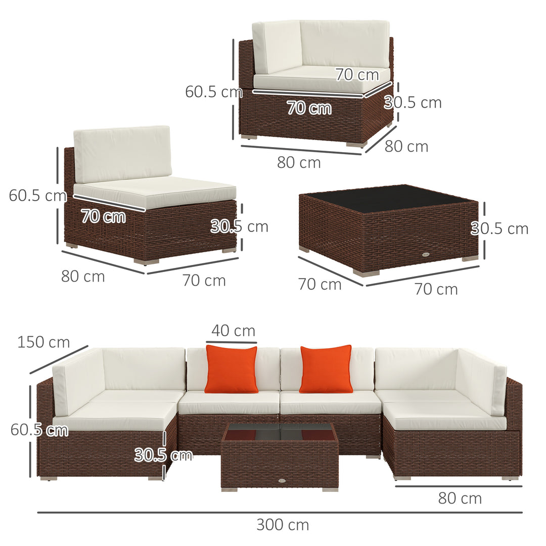 Seven-Piece Rattan Garden Set, with Glass-Top Table - Brown/Beige