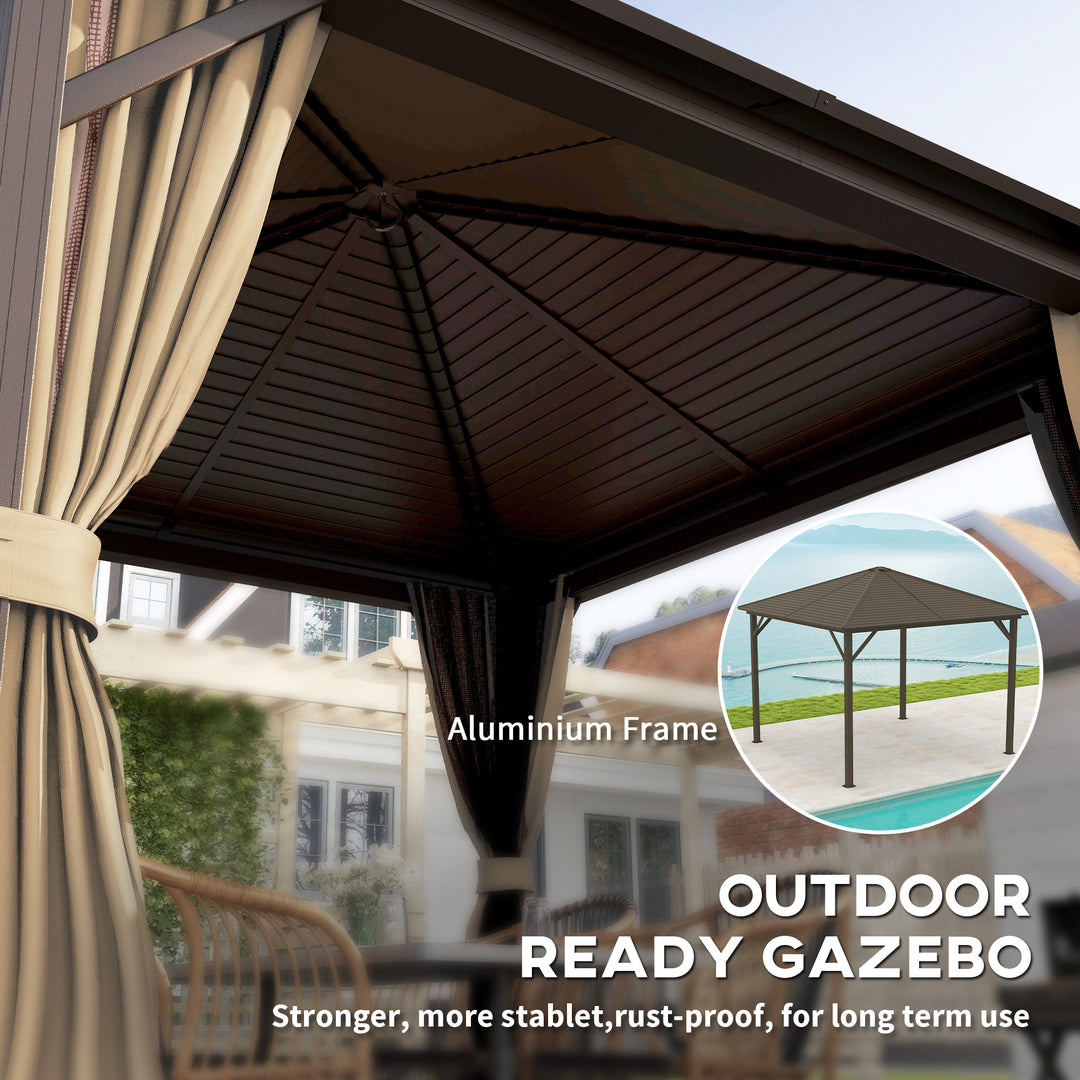 3 x 3(m) Metal Hardtop Gazebo, with Curtains and Accessories - Brown