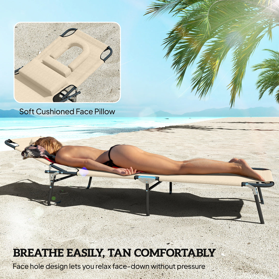 Outdoor Folding Sun Lounger Set of 2 with Face Hole, 4 Level Adjustable Backrest Reclining Garden Lounger, Garden Recliner Sunbed with 600 D Oxford Cloth Seat and Pillow for Beach, Sand