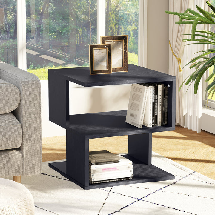 Side Table Square Coffee Table Modern End Table with 2 Tier Storage Shelves for Living Room, Bedroom, Black