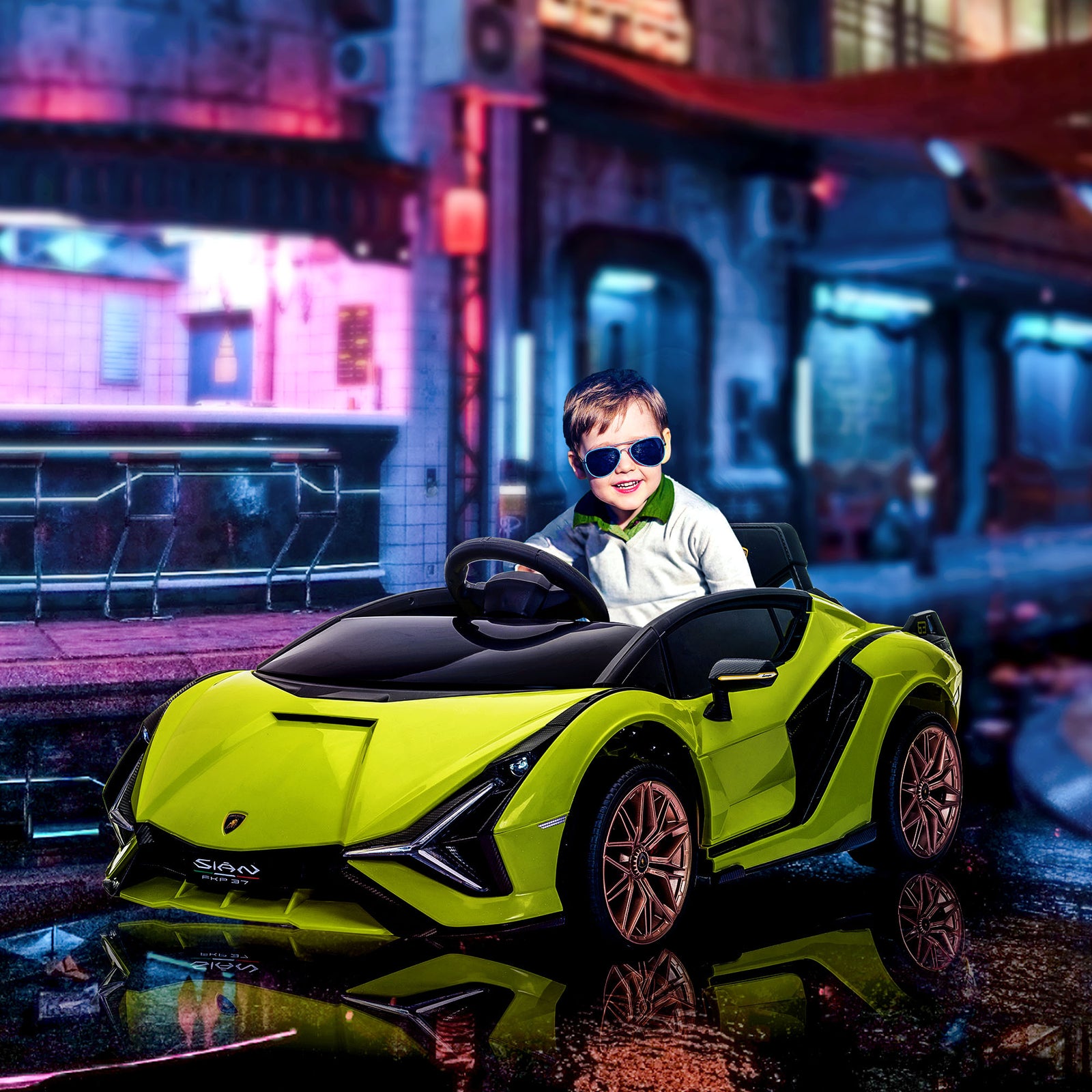 Lamborghini Sian Licensed 12V Kids Electric Ride On Car 2 Motors Toy Car with Remote Control Music Lights MP3 for 3-5 Years Green