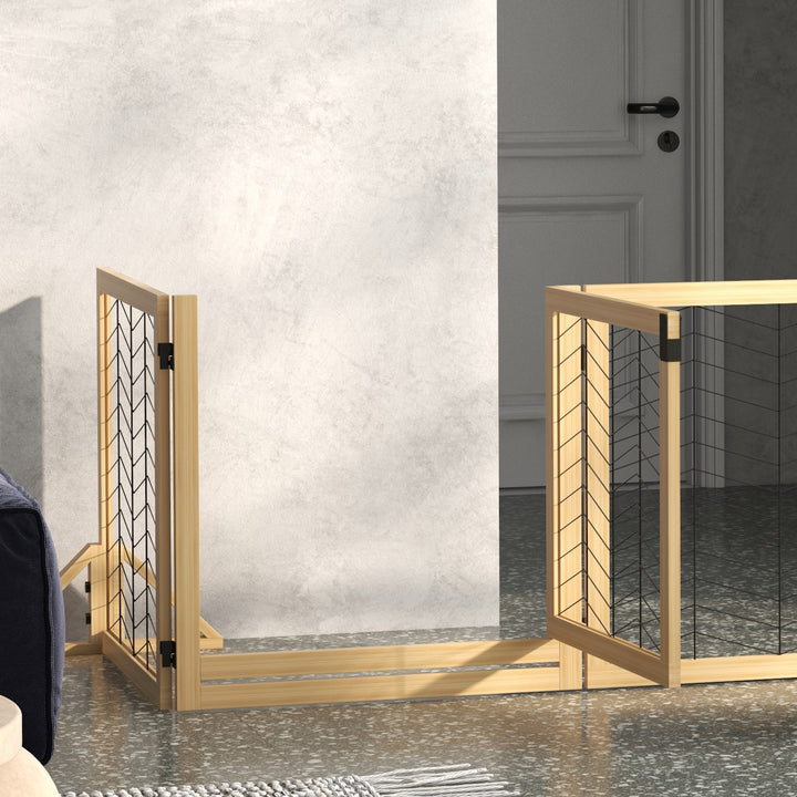 8 Panels Foldable Pet Gate with Support Feet, for House, Doorway, Stairs, Small and Medium Dogs - Natural Wood