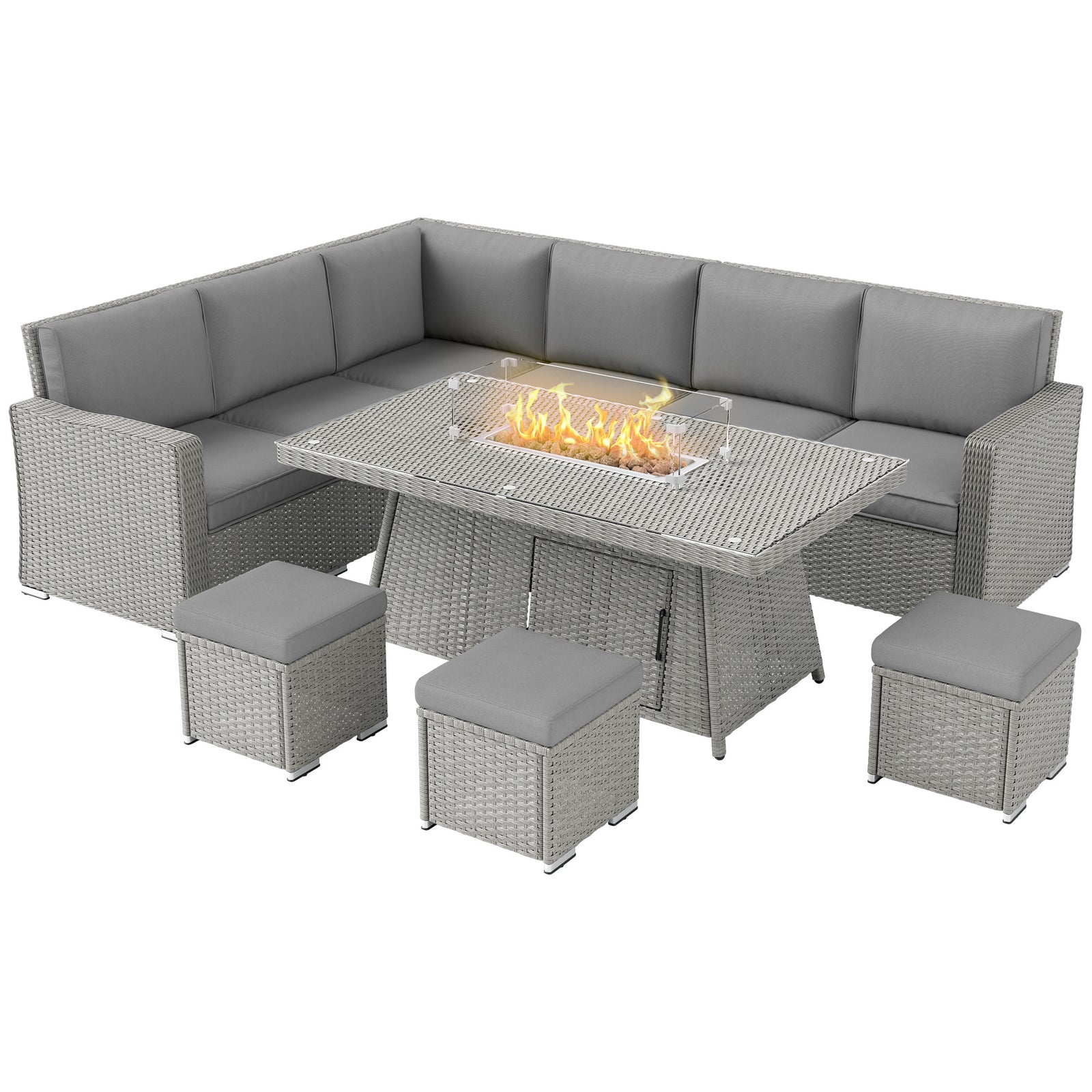 Seven-Piece Firepit Table Rattan Sofa Set - Grey