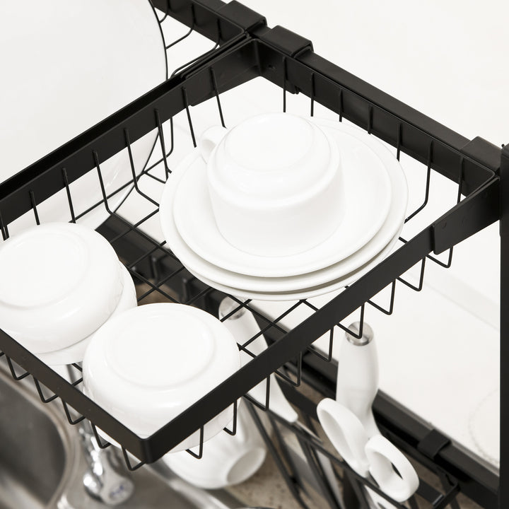MCL Space Saving 2 Tier Adjustable Dish Drainer Over The Sink Dish Drying Rack, Black