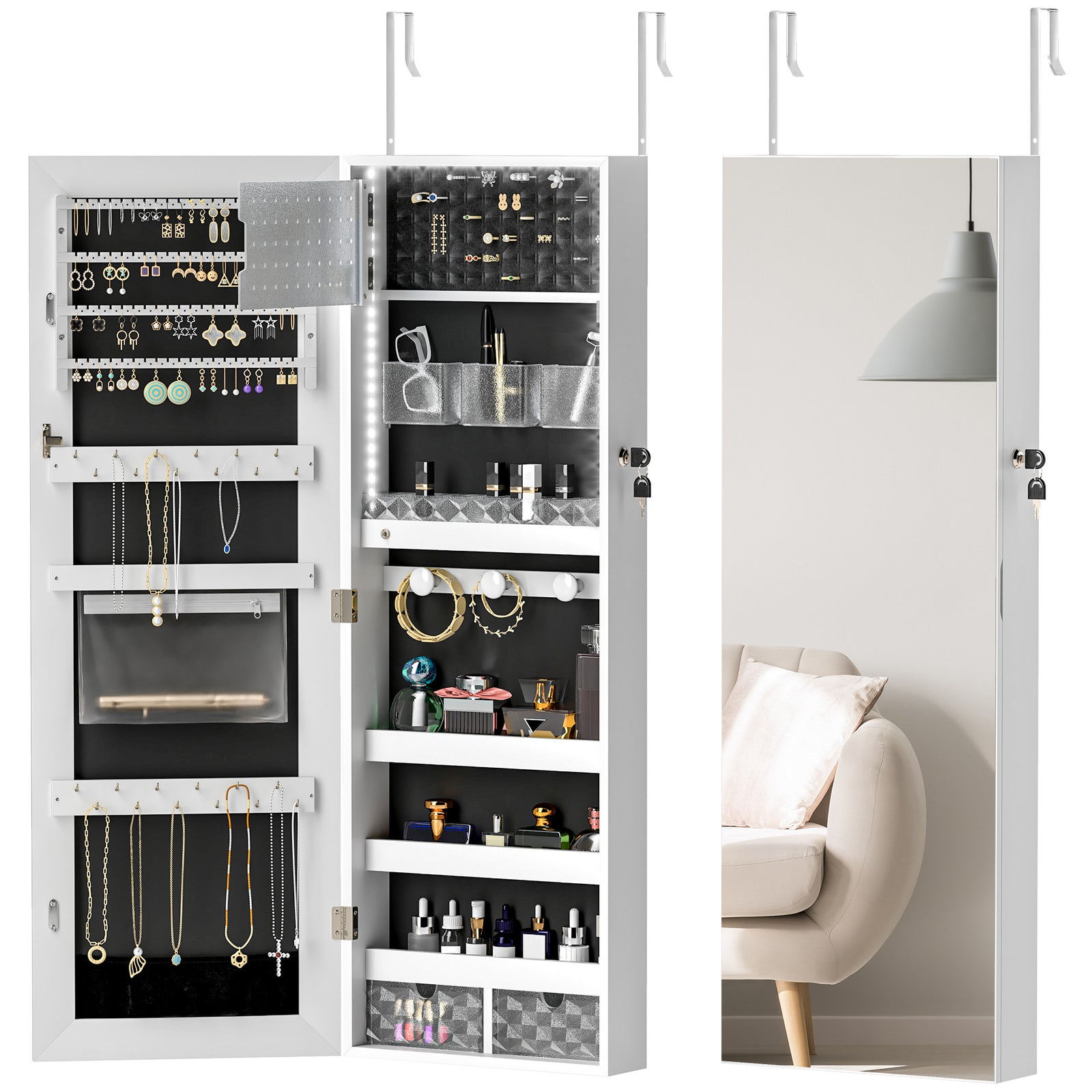 108 x 37cm Lockable Jewellery Cabinet, with LED Lights - White Surface and Black Lining
