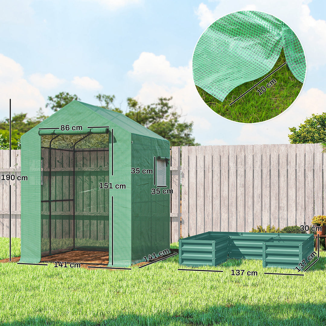 Small Greenhouse with Raised Garden Bed, Galvanised Walk-in Greenhouse with Roll Up Windows, 141 x 141 x 190 cm