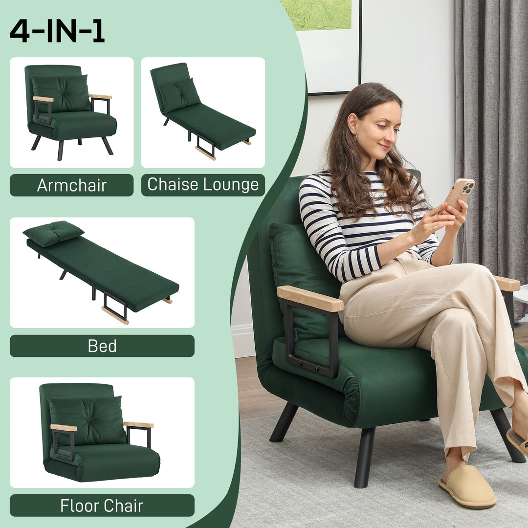4-in-1 Velvet-Feel Single Chair Bed, with Pillow - Green