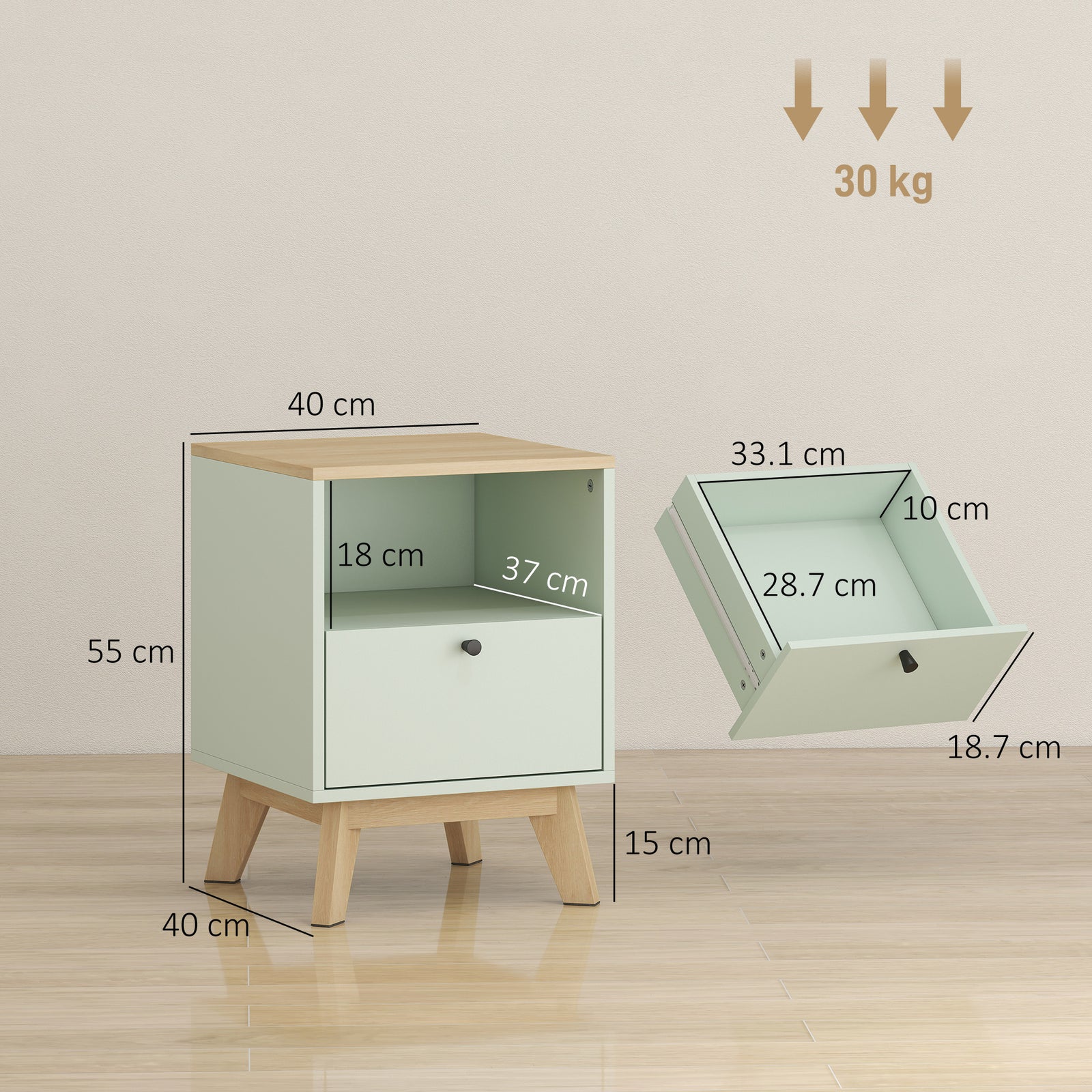 Modern Nightstand Set of 2, Bedside Table with Drawer and Open Shelf, 