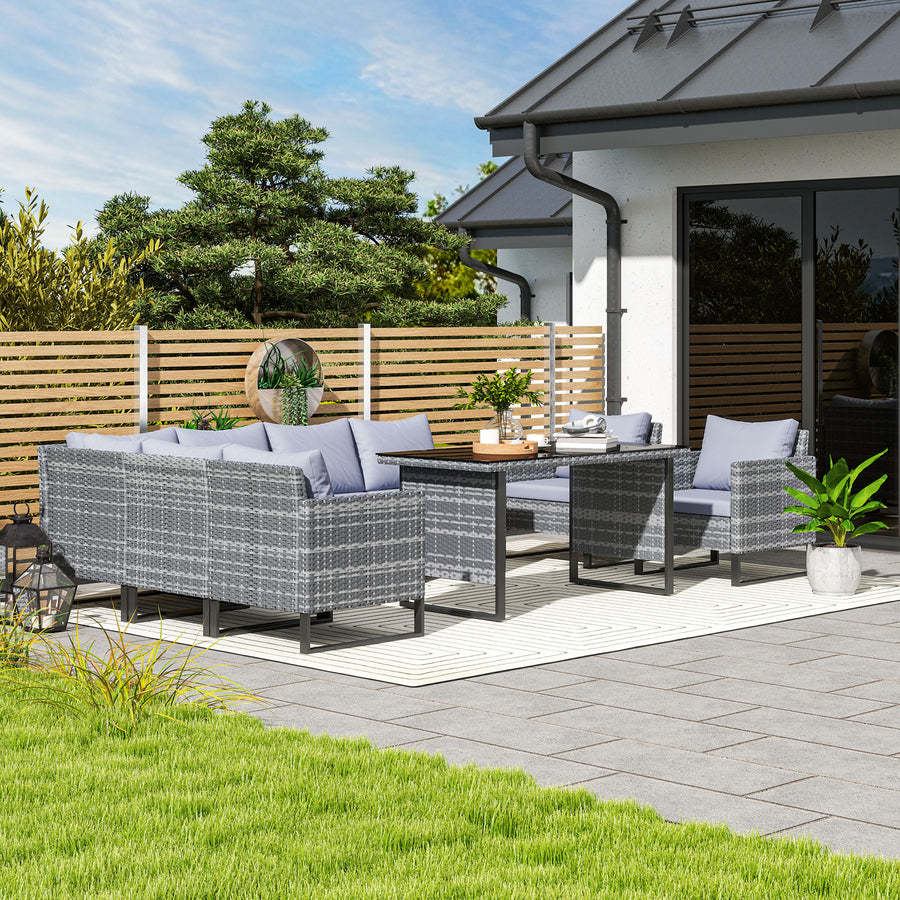 9 Piece Rattan Garden Furniture Set, 8 Seater Garden Corner Sofa with Cushions and Glass Top Table, Sectional Outdoor Furniture Conservatory Set for Patio, Light Grey