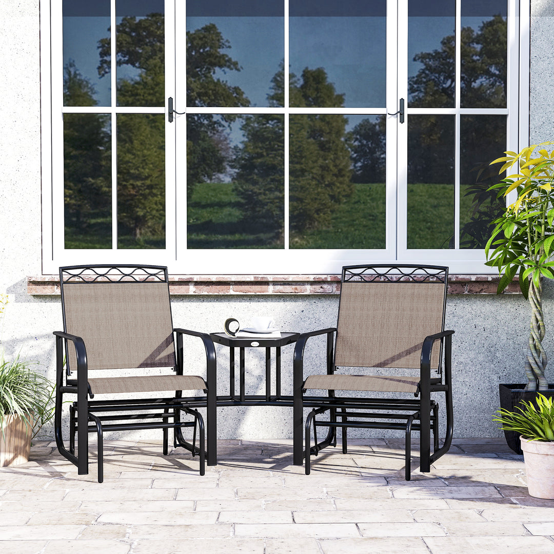 MCL Double Outdoor Glider Chair, 2 Seater Patio Rocking Chairs, Swing Bench with Tempered Glass Table, Breathable Mesh Fabric for Backyard, Garden, Porch, Brown