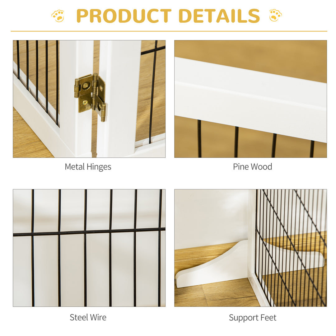Wooden Pet Gate, Freestanding Dog Safety Barrier, w/ 2 Support Feet, White