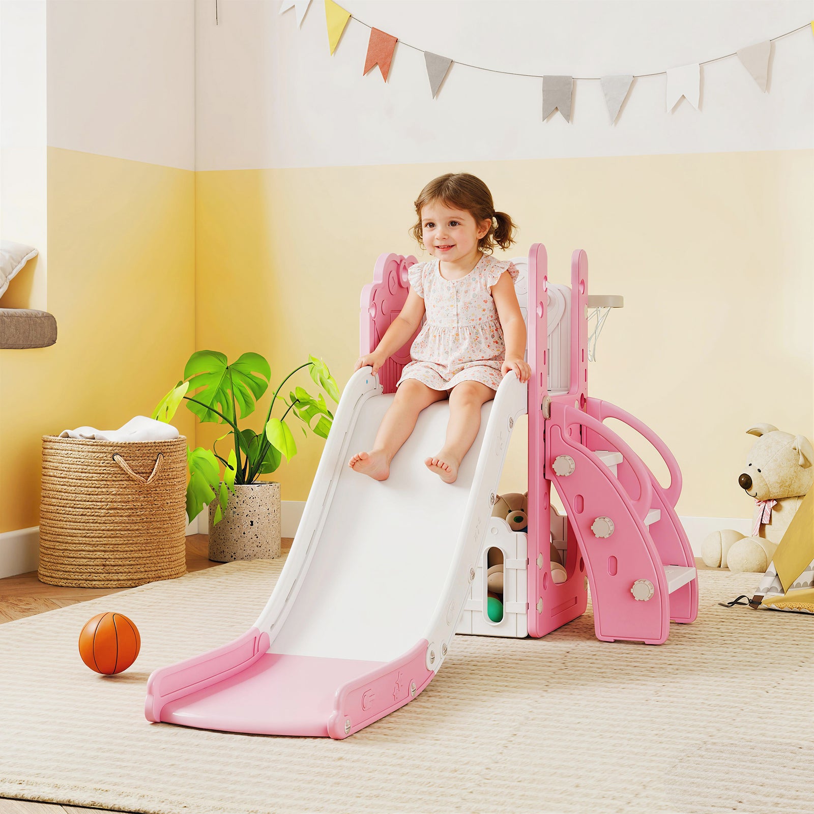 5 in 1 Kids Slide Set with Basketball Hoop, Climbing Frame, Telescope,