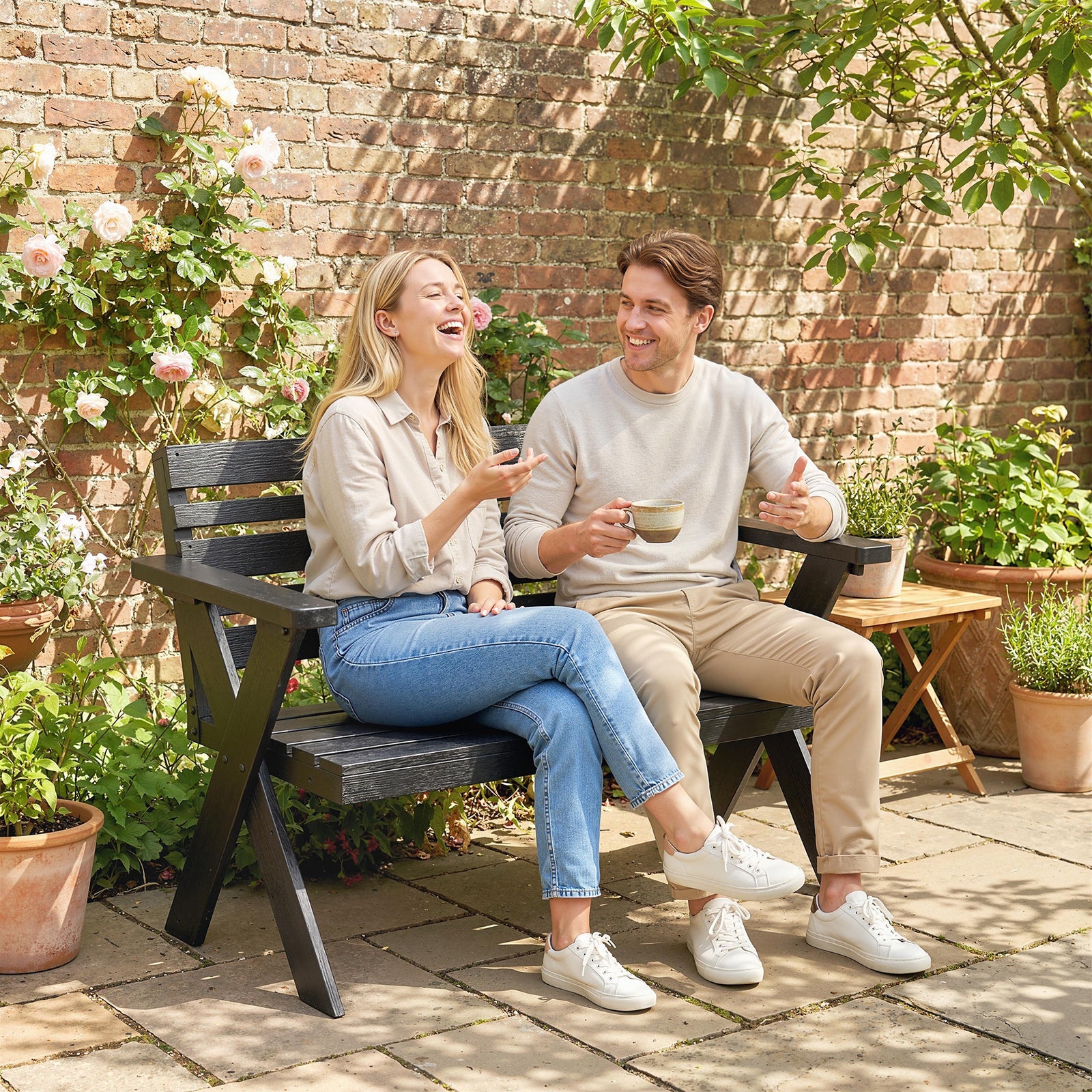2 Seater Wooden Garden Bench, Slatted Patio Bench with Armrest and Bac