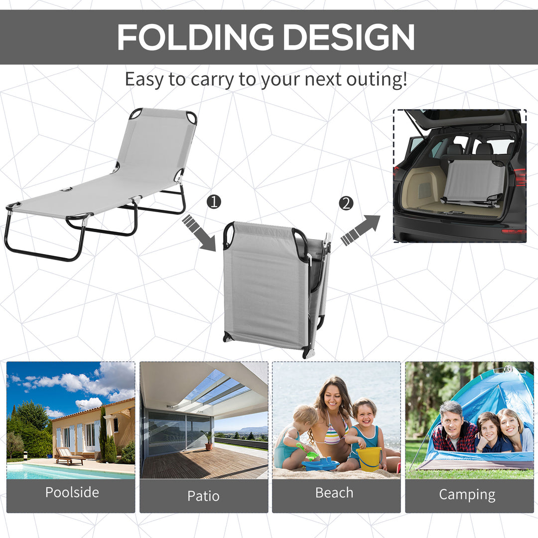 2 Pieces Outdoor Foldable Sun Lounger, 4 Level Adjustable Backrest Reclining Sun Lounger Chair with Angle Adjust Sun Shade Awning for Beach, Garden, Patio, Light Grey