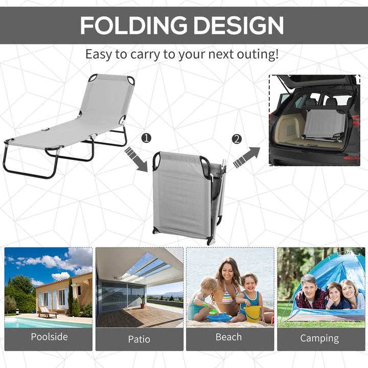 2 Pieces Outdoor Foldable Sun Lounger, 4 Level Adjustable Backrest Reclining Sun Lounger Chair with Angle Adjust Sun Shade Awning for Beach, Garden, Patio, Light Grey