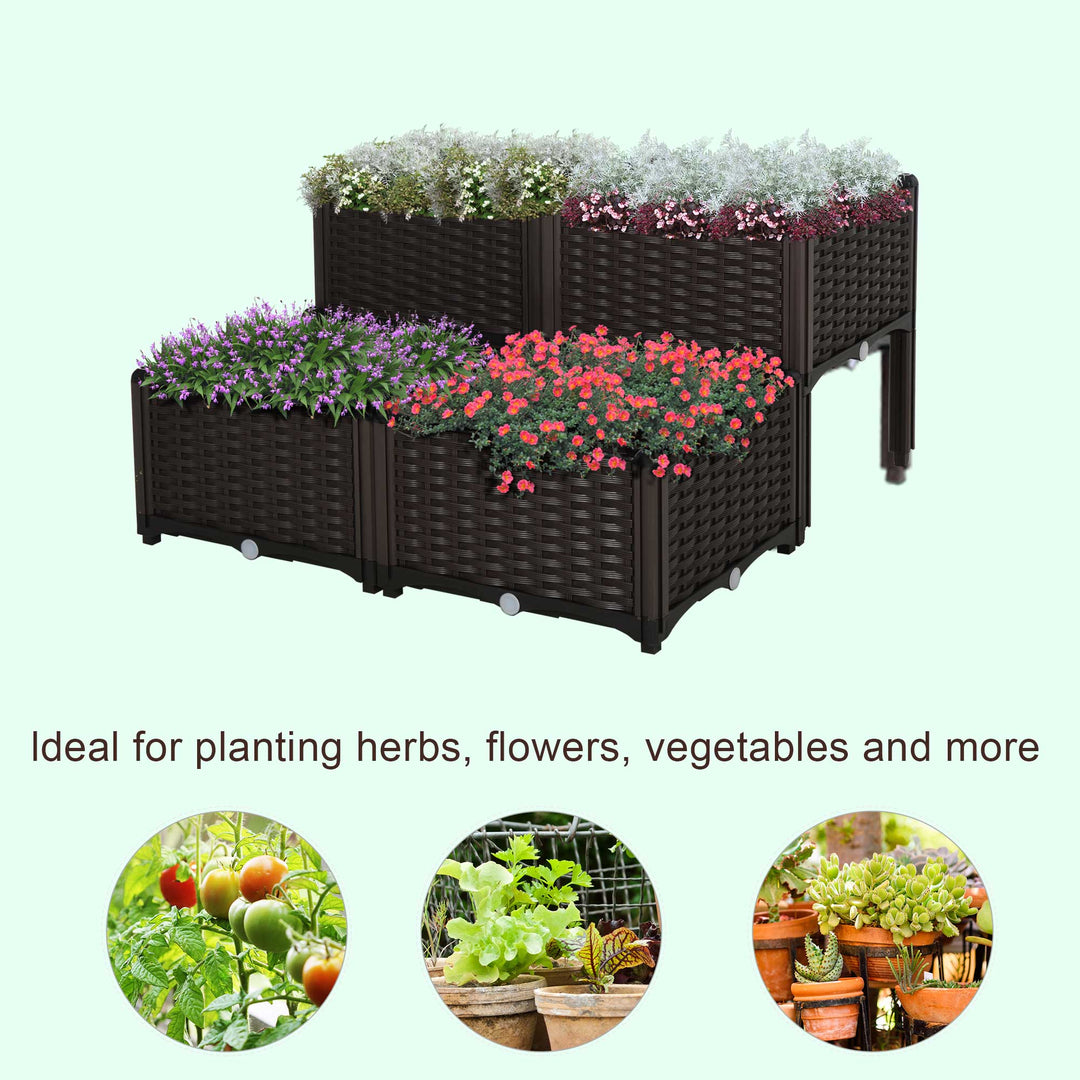 Set of 4 26L Garden Raised Bed Elevated Patio Flower Plant Planter Box PP Vegetables Planting Container, Brown