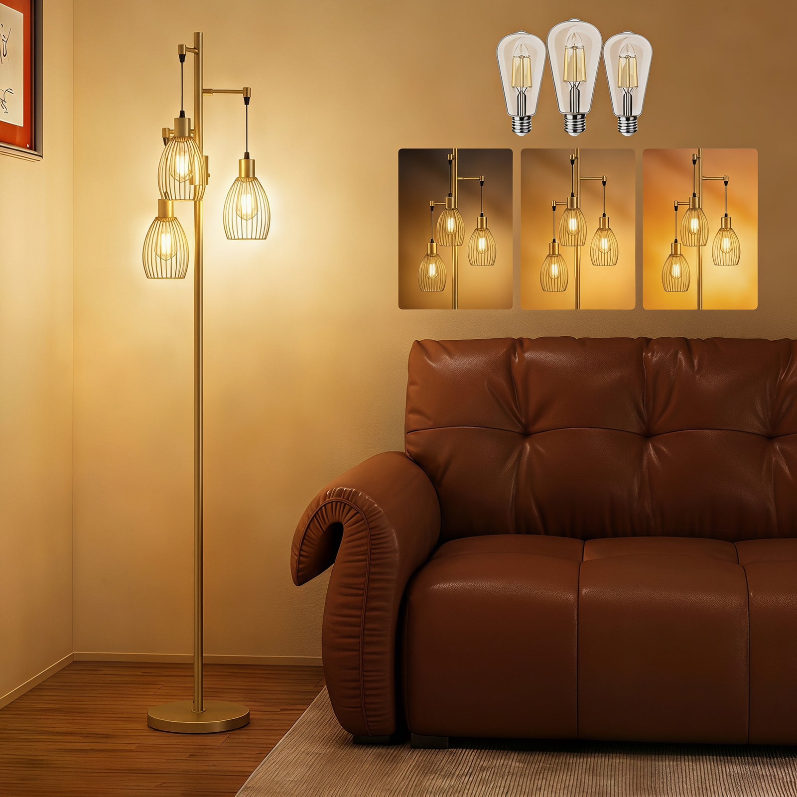 170.5cm Industrial Dimmable Standing Lamp, 3-Light Floor Lamp with Ste